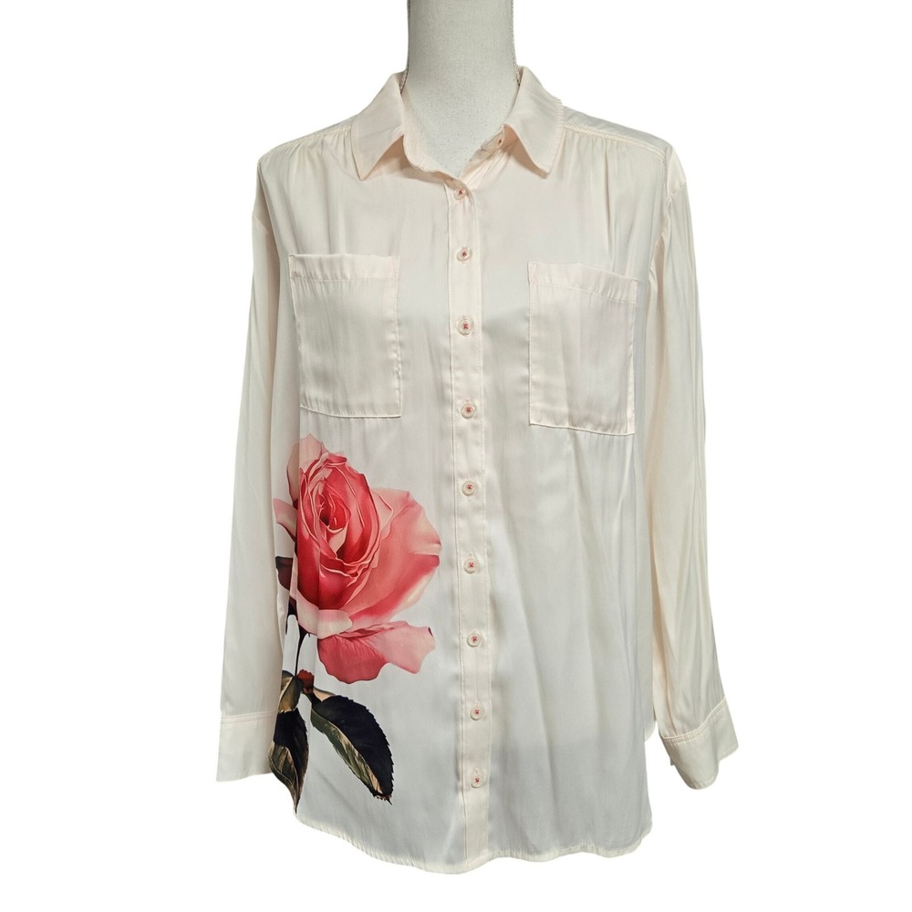 Anthropologie Rose Graphic Button Down Shirt Cream Pink Red Floral Women's Sz M